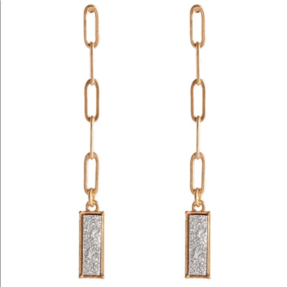 SILVER DRUZY & GOLD METAL CHAIN LINK 2.5” DANGLE POST EARRINGS - Picture 2 of 3